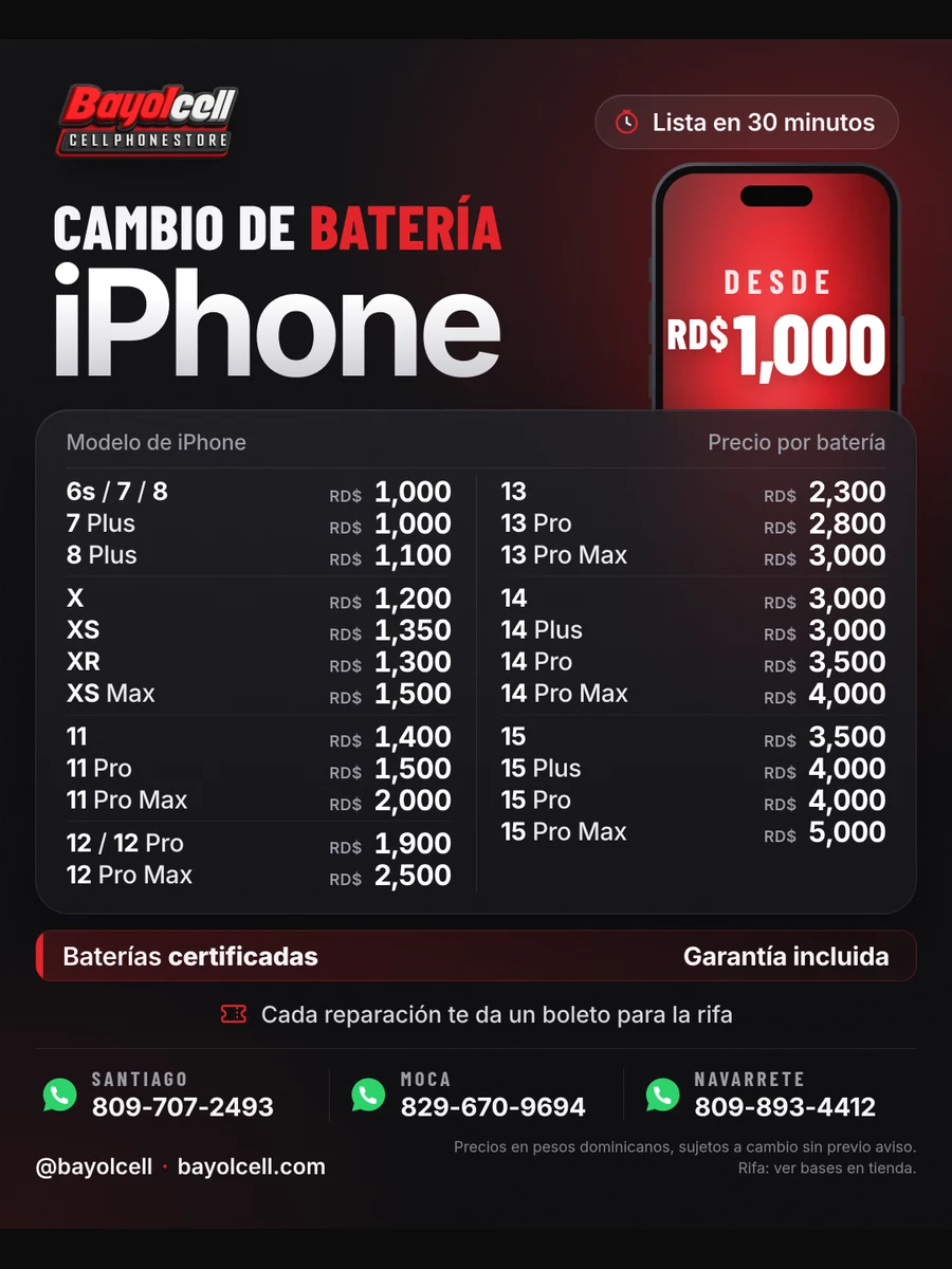 Cambio de batería iPhone desde RD$1,000 - precios