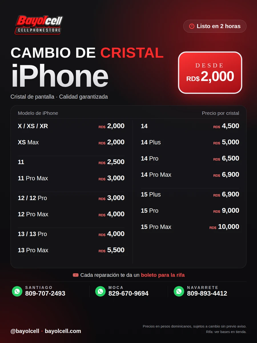 Cambio de cristal de pantalla iPhone desde RD$2,000 - precios