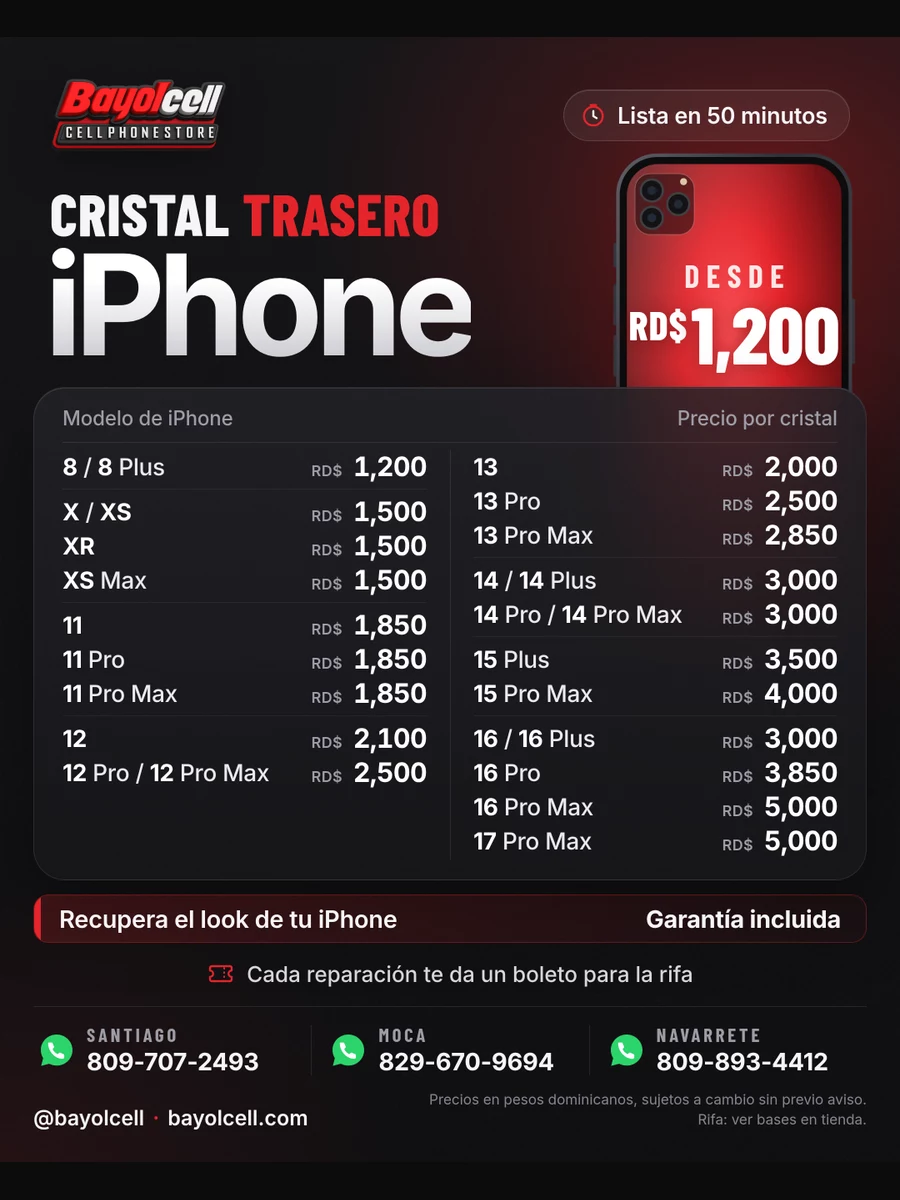 Cristal trasero iPhone desde RD$1,200 - precios